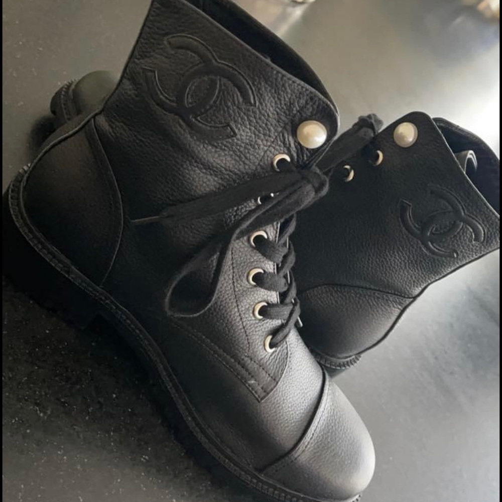 Chanel pearl combat boots